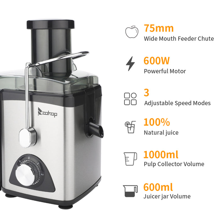 3 Gear Electric Juicer 120V 600W 75MM Caliber 1000ML Slag Cup