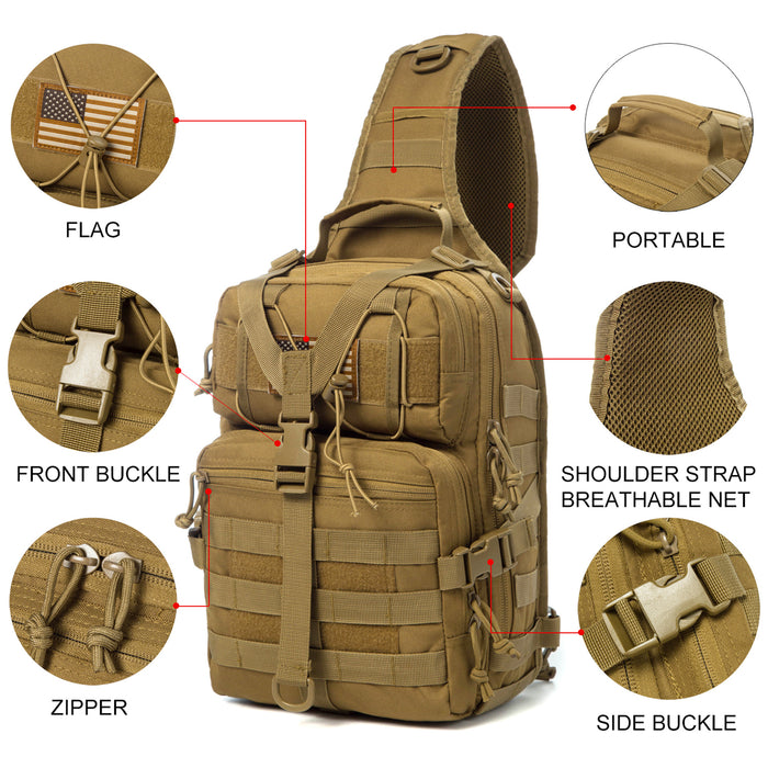 Tactical EDC Sling Bag Pack, Military Rover Shoulder Molle Backpack, with USA Flag Patch