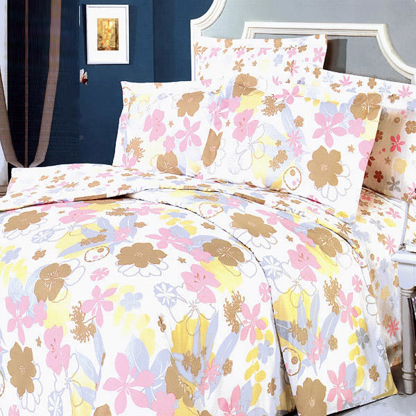 Blancho Bedding - [Pink Brown Flowers] 100% Cotton 4PC Duvet Cover Set (Queen Size)(Comforter not included)