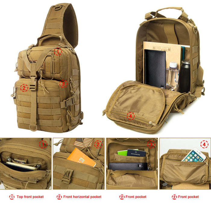 Tactical EDC Sling Bag Pack, Military Rover Shoulder Molle Backpack, with USA Flag Patch
