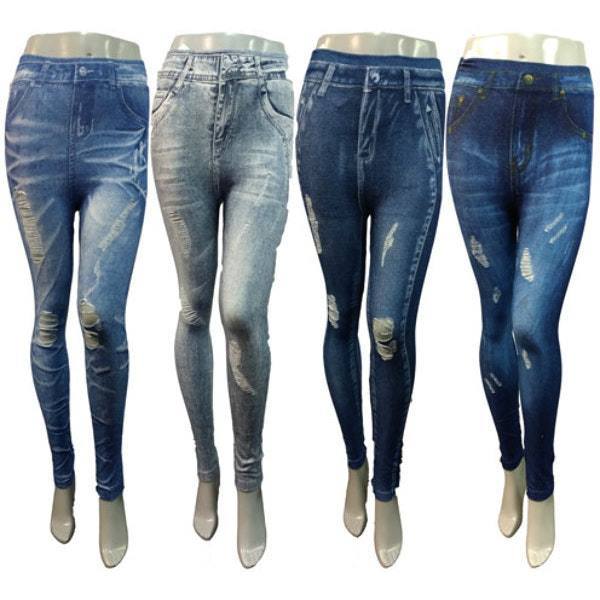 Ripped Denim Print Leggings Case Pack 12