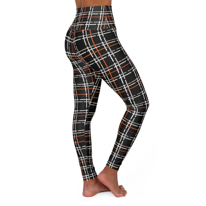 High Waisted Yoga Leggings, Black And Orange Tartan Style Pants