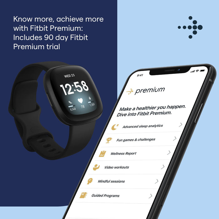 Fitbit Versa 3 Health & Fitness Smartwatch with GPS, 24/7 Heart Rate, Alexa Built-in, 6+ Days Battery, Black/Black, One Size (S & L Bands Included)
