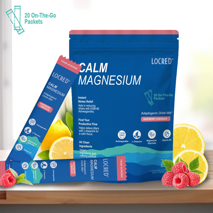 LOCRED Supercalm Powdered Drink Mix, Raspberry Lemonade, L Theanine, Ksm-66 Ashwagandha, Magnesium Glycinate, Vitamin D 3, Supplements for Relaxation & Focus, No Sugar, Non GMO, On The Go, 20 Ct