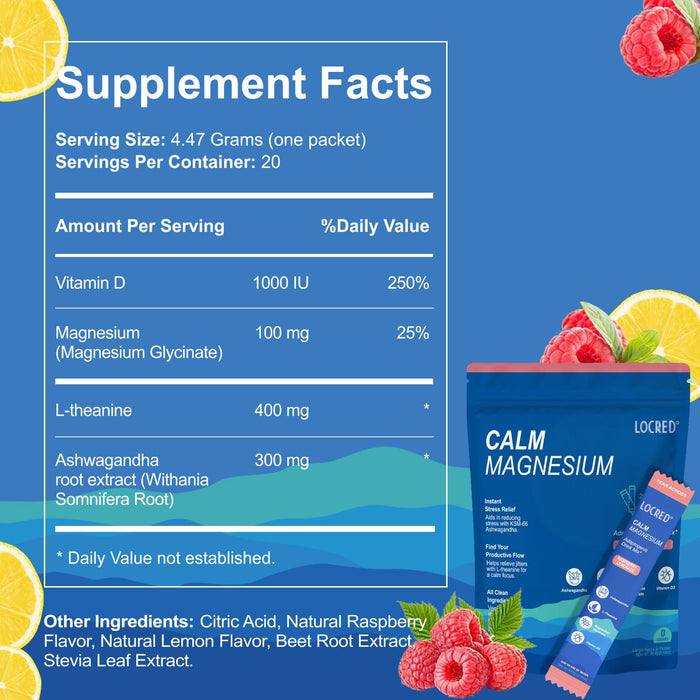 LOCRED Supercalm Powdered Drink Mix, Raspberry Lemonade, L Theanine, Ksm-66 Ashwagandha, Magnesium Glycinate, Vitamin D 3, Supplements for Relaxation & Focus, No Sugar, Non GMO, On The Go, 20 Ct