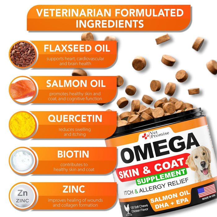 Omega 3 for Dogs   Dog Skin and Coat Supplement   Fish Oil for Dogs Chews   Allergy and Dog Itch Relief   Dog Anti Shedding Supplement   Dog Dry Skin Treatment   Salmon Oil   Made in USA   120 Treats