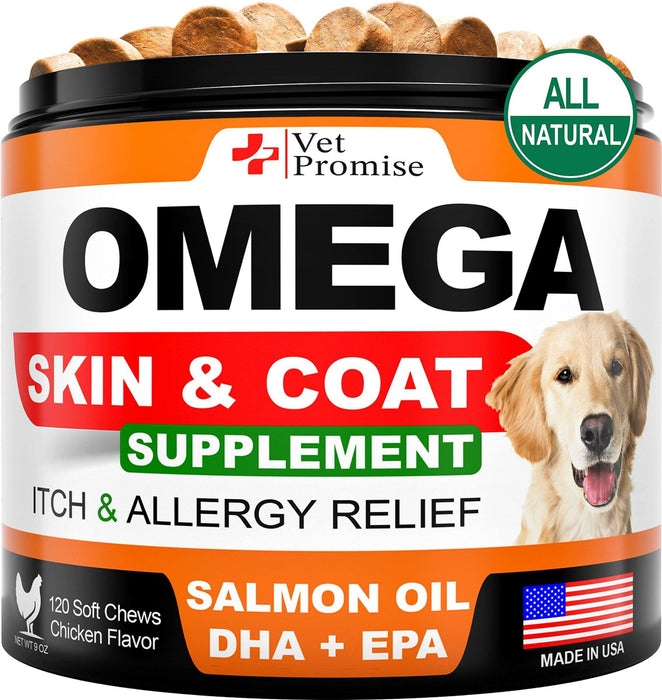 Omega 3 for Dogs   Dog Skin and Coat Supplement   Fish Oil for Dogs Chews   Allergy and Dog Itch Relief   Dog Anti Shedding Supplement   Dog Dry Skin Treatment   Salmon Oil   Made in USA   120 Treats