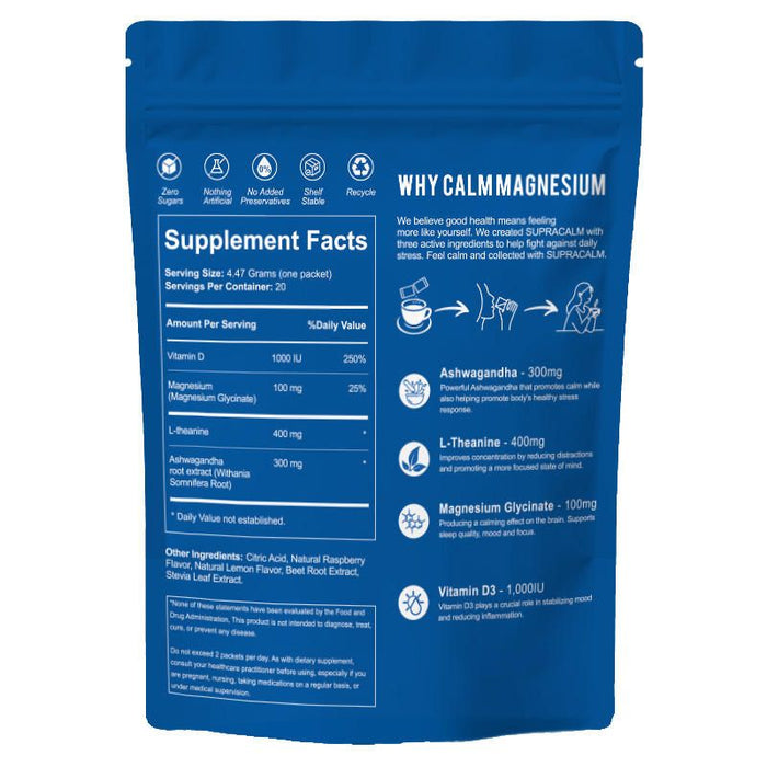 LOCRED Supercalm Powdered Drink Mix, Raspberry Lemonade, L Theanine, Ksm-66 Ashwagandha, Magnesium Glycinate, Vitamin D 3, Supplements for Relaxation & Focus, No Sugar, Non GMO, On The Go, 20 Ct