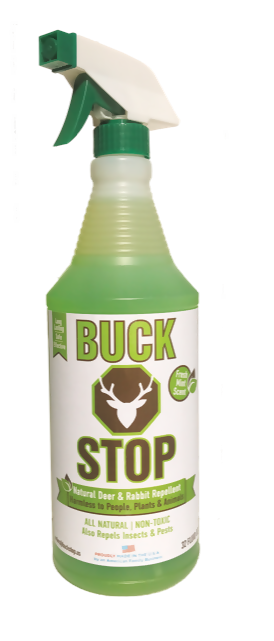 Buck Stop deer repellent. 32 ounce bottle with spray trigger. All natural ingredients, smells great. Made in USA.