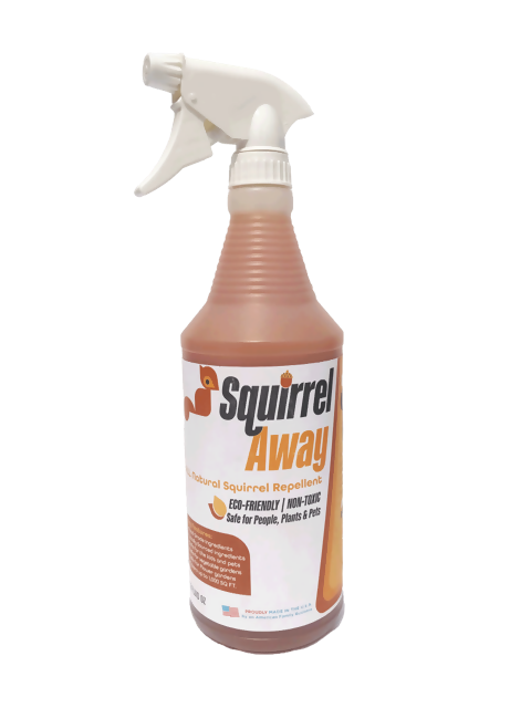 Squirrel Away squirrel repellent 32 fluid ounce bottle with trigger spray top. All natural ingredients, non toxic to humans. Made in USA.