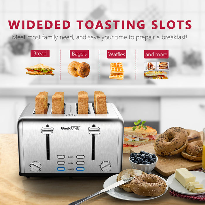 Geek Chef Toaster 4 Slice Stainless Steel Extra-Wide Slot Toaster
