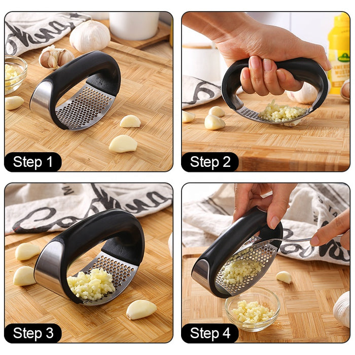 Garlic Press, Stainless Steel, Manual Grinding Curved Ginger Crusher