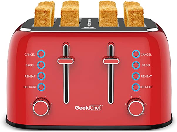 Retro Red Extra Wide Slot Auto Pop-Up 4 Slice Toaster