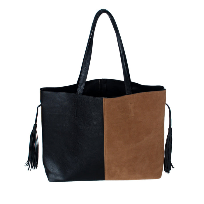 [Confident Elegance] Stylish Black & Brown Double Handle Leatherette Bag Handbag Purse w/Tassels