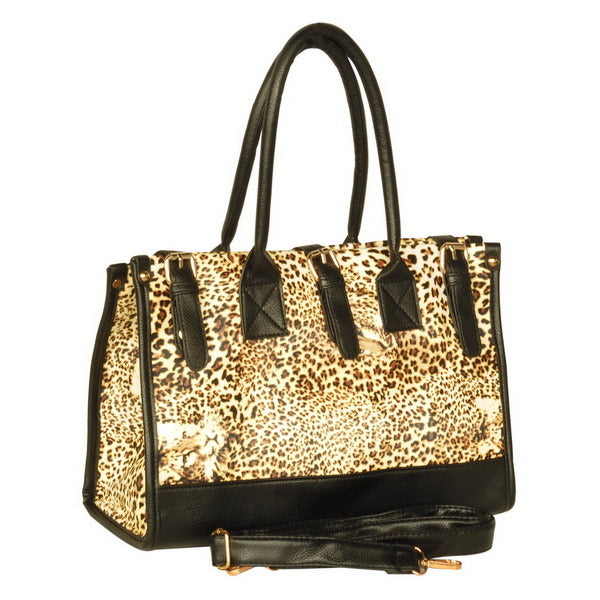 [Desert Isle] Leopard Fur Leatherette Double Handle Satchel Bag Handbag Purse