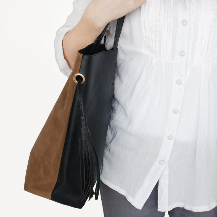 [Confident Elegance] Stylish Black & Brown Double Handle Leatherette Bag Handbag Purse w/Tassels