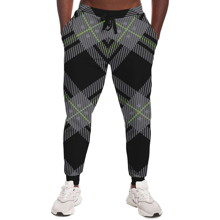 Men's Athletic Joggers, Black and Grey Tartan Print Fitness Pants