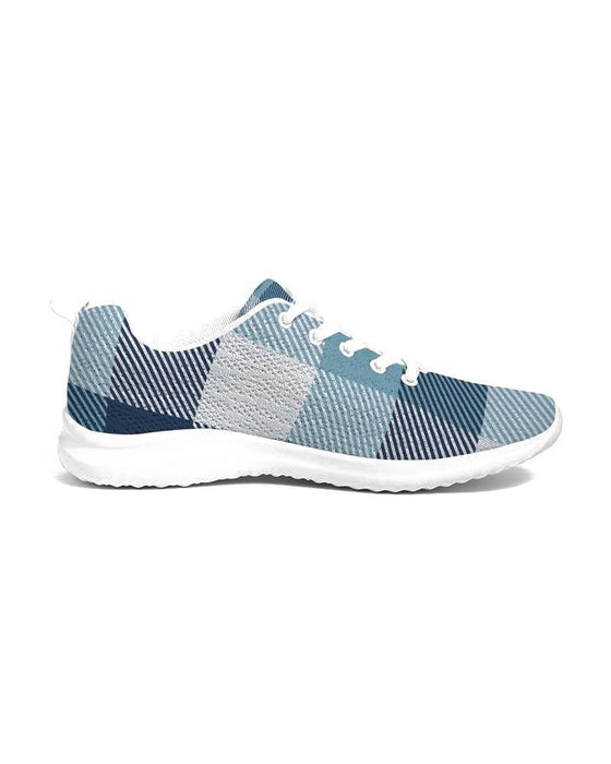 Men's Athletic Sneakers, Blue Plaid Low Top Canvas Running Shoes - 01EPZT