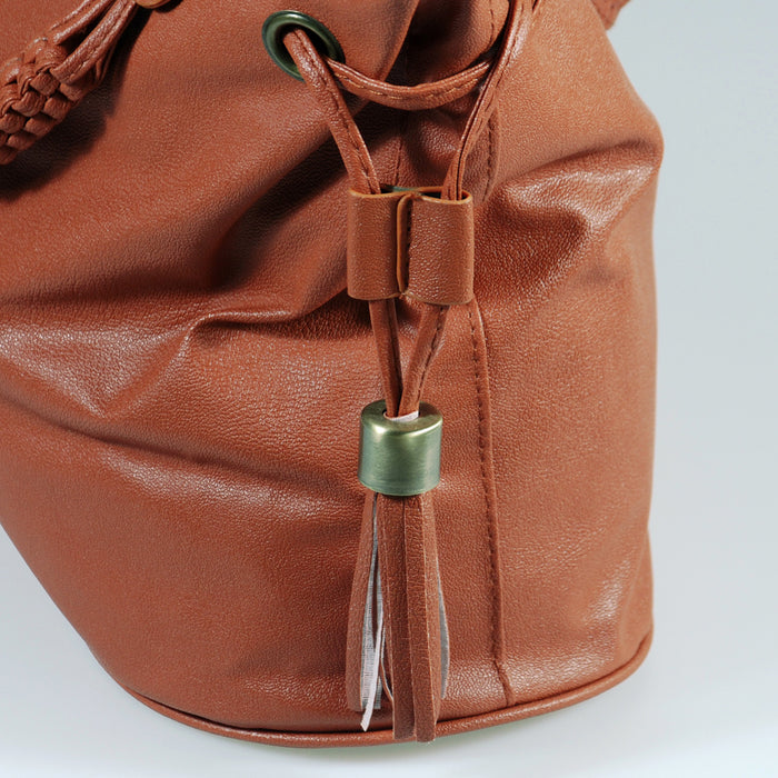 [Romantic Trip] Tan Leatherette Satchel Bag Handbag Purse Shoulder Bag Tote Bag w/Tassels
