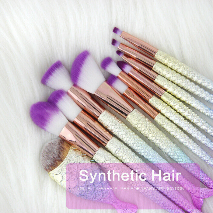 11Pcs Mermaid Makeup Brushes Eyebrow Shadow Face Slender Tool Pink Set Useful US