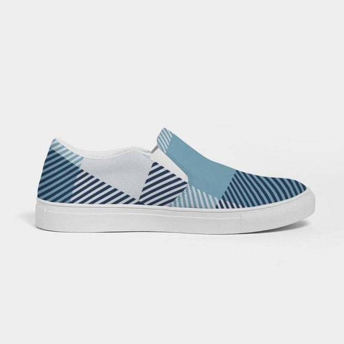 Men's Athletic Sneakers, Blue Plaid Low Top Slip-On Canvas Sports Shoes - 01EPZQ