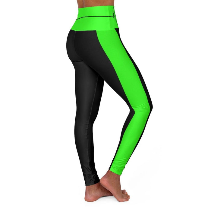 High Waisted Yoga Leggings, Black And Neon Green Beating Heart Sports Pants